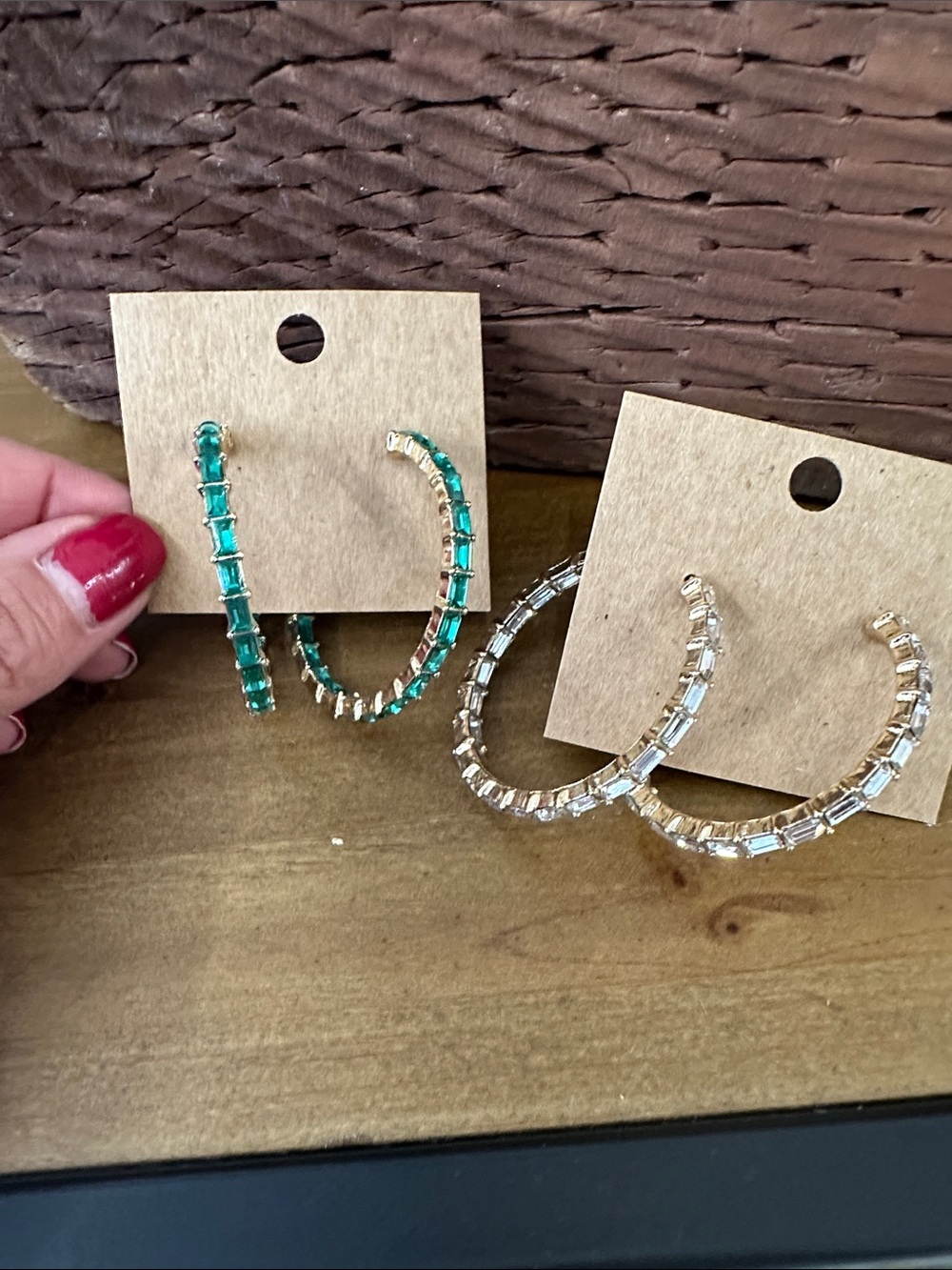 Set of 2 white & green Gold Hoop Earrings with Emerald and Clear Baguette Stones
